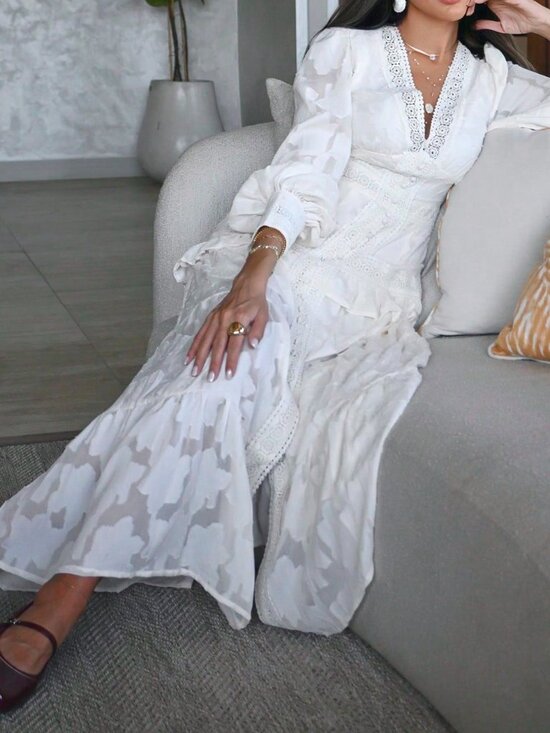 Dresses & Skirts - Apricot Elegant Women's V-Neck Puff Sleeve Cinched Waist Maxi Dress